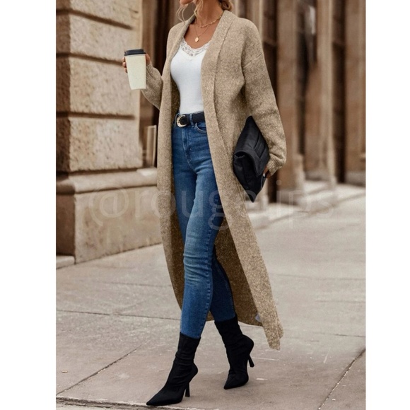 Tan Duster Shawl Cardigan Knit Long Open Long Sleeve - Picture 2 of 9